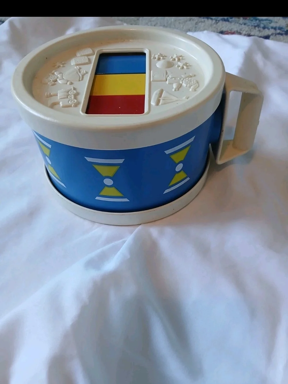 Vintage 1970s Fisher Price Round Drum Xylophone Child Toy, Red Blue Yellow